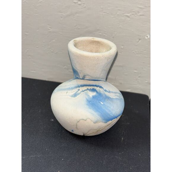 Nemadji Mini Vase Marbleized Beige Blue Brow Vtg Pottery Swirled Southwestern - Picture 1 of 7